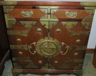 Vintage Asian Wood/Brass Hardware Chest with Lock