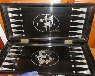 Black Lacquered/Mother of Pearl Inlay Chess/Checkers Game Board