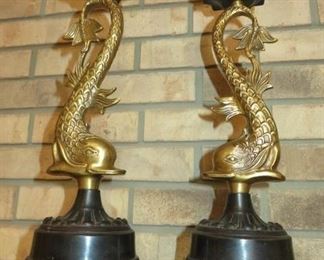 Antique Cast Metal Dolphin Candlesticks