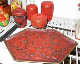  Vintage Carved Cinnabar Lacquer Tray & Boxes