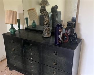 A little elbow grease and this MCM black dresser with the frameless mirror and swirly pulls, would be a show stopper!! Good condition!