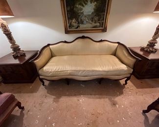 French Provincial one cushion sofa. Satin fabric.