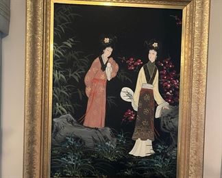Two Geishas in a garden landscape.