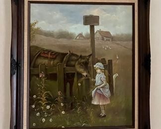 Primitive style print of girl feeding a horse.