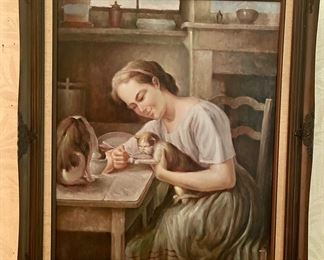 Genre scene of a girl at a table feeding cats. From Miradel Galleries - apparently a former Atlanta business started in 1984.
