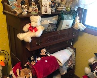 Fabulous walnut carved high oh chest and more stuffed animals 