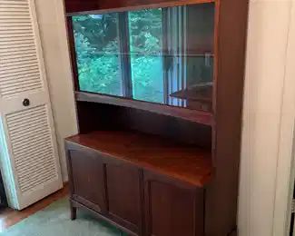 Lane Rhythm Mid-Century Modern Walnut One Piece Hutch with Sliding Glass Doors & Switchable Walnut to Cane Cabinet Doors. (44"W x 17"D x 69"H)