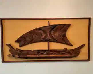 1960's Framed 3D Witco Wilrongo Viking Ship Wooden Wall Art