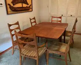 Lane Rhythm Mid Century Walnut Drop Leaf Expanding Dining Table With 1 Leave (29"H x 42"W x 62-1/2"L with 18"L Leaf) With Lane Rhythm Mid-Century Ladderback Upholstered Seat Dining Chairs (2 Armchairs, 4 Side Chairs)
