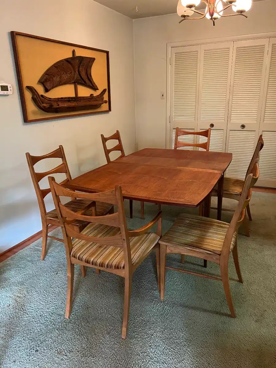 Lane Rhythm Mid Century Walnut Drop Leaf Expanding Dining Table With 1 Leave (29"H x 42"W x 62-1/2"L with 18"L Leaf) With Lane Rhythm Mid-Century Ladderback Upholstered Seat Dining Chairs (2 Armchairs, 4 Side Chairs)