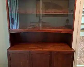 Lane Rhythm Mid-Century Modern Walnut One Piece Hutch with Sliding Glass Doors & Switchable Walnut to Cane Cabinet Doors. (44"W x 17"D x 69"H)