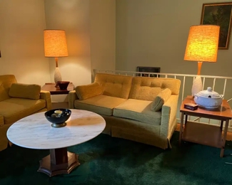 Sherril Loveseat(pr) with Marble Top / Wooden Base MCM Coffee Table & Lane Mid-Century Modern Walnut Two Tiered End Table (21"W x 28"D x 21"H)(pr)