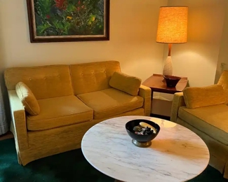 Sherril Loveseat(pr) with Marble Top / Wooden Base MCM Coffee Table