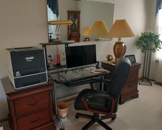 Glass desk and the two filing cabinets as well as lamps are for sale. Mirror is for sale.  (Printer is SOLD). Computer desktop processor and monitor NOT FOR SALE)