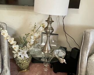 acrylic & glass lamp table & silver lamp