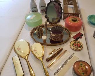 Vintage dressing table hand mirror, brush set