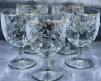 Gold Rimmed Grapevine Etched Goblets