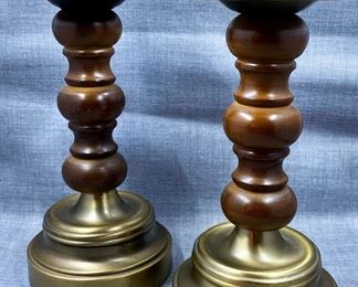 Brass and Wood 1970s Candle Stick Holder Pair