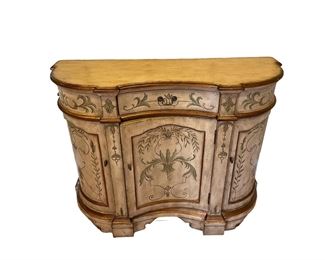 MAKE OFFER.  ALL OFFERS CONSIDERED.  $350 USD      Italian Venetian Hand Painted Serpentine Console Cabinet LA178-32      Description: Gorgeous, hand painted 1 drawer, 3 door hand painted cabinet
Dimensions: 45 x 16.5 x 34"H
Condition: Very good condition
Local pick up Potomac, MD.  Located on first floor.  Contact us for shipper suggestions.     https://goodbyhello.com/products/la178-32?_pos=5&_sid=f4cf1db7b&_ss=r