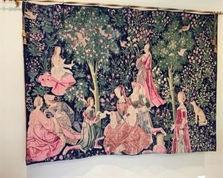 MAKE OFFER.  ALL OFFERS CONSIDERED.  $150 USD      French Galantes Medieval Style Blue Millefleurs Tapestry LA178-33    Description:  Mid-Century French tapestry, reproduction of a medieval tapestry.  The Lordly Life; Scene Galante, circa 1500 (tapestry) by French School, (16th century); National Museum of the Middle Ages and Thermes de Cluny, Paris.  The piece depicts ten characters, five ladies, two lords and three pages,
Dimensions: 54 x 73"H
Condition: Very good
Local pick up Potomac, MD.  Located on first floor.  Contact us for shipper suggestions.    https://goodbyhello.com/products/la178-33?_pos=15&_sid=f4cf1db7b&_ss=r