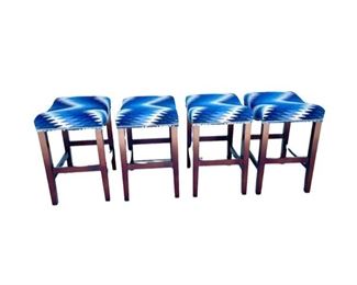 $400 USD   Set of 4 Custom Blue Aztec Upholstered / Wood Counter Stools AS110-1     Description: Stunning set of four custom bar stools made from solid American hardwood and vibrant antique kilim rugs. Stylish sophisticated and out of ordinary, these multi-purpose bar stools which will add dimension, color and style to your decor. 

Dimensions: 27"H x 17" x 21" 

Condition:  Excellent.  Not used. 

LOCAL PICK UP GERMANTOWN, MD.  Shipping suggestions available upon request.       https://goodbyhello.com/products/set-of-4-custom-blue-aztec-upholstered-wood-counter-stools-as110-1?_pos=1&_sid=e2f833fc0&_ss=r