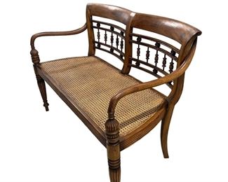 $695 USD      Edwardian Caned Wood Spindleback Pierce Martin Settee Bench JV189-19    Priced to sell vintage wood settee featuring a slightly flared spindle back, sloped arms cane seat with carved detail. A lovely piece to be used as a bench in an entryway, a sitting room or even for dining. Comfortable to sit on. The shape of the frame makes it aesthetically pleasing from all angles. Made by pierce martin

Dimensions: 42ʺW × 17.5ʺD × 33ʺH

Condition:  Excellent

Local pick up Bethesda, MD.  Contact us for shipper suggestions      https://goodbyhello.com/products/vintage-edwardian-caned-wood-spindleback-settee-bench-jv189-19?_pos=3&_sid=efed4c943&_ss=r