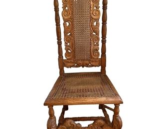 $850 USD     18th c Charles II Bleached Oak Ornate Carved Chair JV189-15    Late 18th Century Charles II bleached Oak with elaborately carved foliate backs with caned back and seat. The makers mark show "AM" and may be Alexander McPherson, Philadelphia, circa1793. 

Dimensions:  20 x 20 x 49  Seat=18.5"

Condition: Good condition.  

Local pick up Chevy Chase MD.  Elevator access.  Contact us for shipper suggestions.     https://goodbyhello.com/products/antique-german-hunting-lodge-ornate-carved-chair-jv189-15?_pos=9&_sid=efed4c943&_ss=r