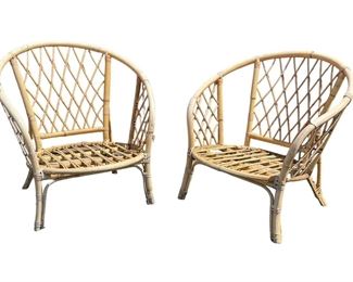 $1250 USD     Pair 1950s Mid Century Rattan Wicker Armchairs w Criss Cross Pattern GH-1      Pair of 1950s Rattan armchairs with Linen seats with criss-cross woven pattern rattan at back. Circular back / arm shape, these chairs exude mid-century modern lines and character. Perfect addition to any room

Dimensions:  Height: 30 in (76.2 cm) Width: 28.5 in (72.39 cm) Depth: 28 in (71.12 cm)Seat Height: 15 in (38.1 cm

Local Pick up Gaithersburg, MD.  Contact us for shipper suggestions    https://goodbyhello.com/products/pair-1950s-mid-century-rattan-wicker-armchairs-w-criss-cross-pattern-gh-1?_pos=3&_sid=1a256ccce&_ss=r