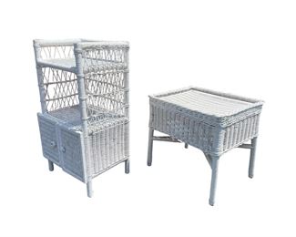 $900 USD      Vintage White Rocker Shelves & End Table/Floor Stand GH-3     Borrowing design inspiration from 1930s Eastern coastal designs the beautiful rocker makes an elegant and stylish addition to any backyard patio decor.  The set is in the Bar Harbor style with an open weave pattern as well as tight weave. 

The floor stand features classic ornamentation. Two upper shelves are open at the front with sides and back featuring crossover stick rattan spindling and braided trim. The open framework also incorporates gallery railing at the top to support books or collectibles. Below, hinged double doors with woven panels and wrapped knobs conceal a single interior shelf, making this freestanding unit a quaint nightstand for guest or children's bedrooms. In living areas or a powder room, it offers discreet storage as well as a place to keep favorite items on display.

See our tri-mirror complimentary vanity.

Condition:  Very good for age.  There are a few areas beginning to unravel but