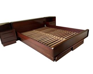 $1000 USD     Mid Century Sun Cabinet Rosewood Queen Platform Bed Frame SB183-29     Description: Classic Scandinavian soft lines are the essence for this bedroom series.  The queen bed features a wide storage headboard that flips-up to open and two pull-out storage drawers at the foot of the bed for ample storage. Details include solid wood edging and rounded solid corners for superb quality. 
Dimensions: 65 x 92 x 30"H
Condition: Very good condition
See our companion listings for end tables, dresser, chest.
Local pick up Chevy Chase, MD.  Located on second floor.  Contact us for shipper suggestions.      https://goodbyhello.com/products/mid-century-rosewood-king-platform-bed-frame-3-29?_pos=10&_sid=e709a2c06&_ss=r