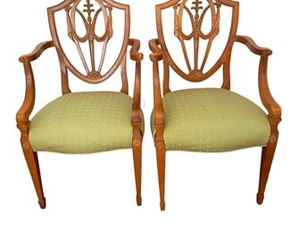 $2000 USD    2 Arm 2 Side Hepplewhite Style Shield Back Dining Chairs SL86-3    The design and execution of this chair are of the finest quality and exhibit the distinct features found on New York chairs. The crisp detailed carving of the drapery swags and central plum on the splat is framed in a shield-back. The delicate flared out tapered legs are embellished with overlapping husk inlay patterns and highlighted with fine line inlay terminating into the cuffs. The style of inlay is also characteristic of pieces found in New York.

Dimensions: 38 5/8"h (crest); 18"h (seat); 21"w x 18"d (seat); 20 1/2"d (legs)

Side Chairs = 21 x 22 x 37.5  Seat=19

Arm chairs = 21 x 22 x 37.5  Seat = 29  Arms = 28.5

Condition: Tears in fabric.  Will need to be reupholstered

Local pick up Chevy Chase, MD.  Contact us for shipper suggestions.      https://goodbyhello.com/products/2-arm-2-side-hepplewhite-dining-chairs-sl86-3?_pos=6&_sid=8c943c460&_ss=r