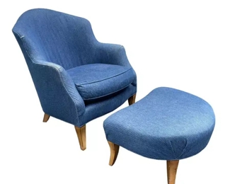 $125.00  Custom Stroheim Upholstered Classics Denim Chair & Ottoman Chair LY200-9
This Accent Chair & Ottoman makes modern design soft and cozy and is sure to become your favorite spot. The accent chair features a stylish back and is upholstered in a luxurious blue Stroheim denim for lots of texture. The clean lines are complemented by tall curved legs finished in wood. Look no further for the perfect addition to your home.

Dimensions: 27 x 34 x 35"H   Seat=20"

Condition:  Good.  Please note fading on arms and small tear above arm.

Local pick up Potomac, MD.  Contact us for shipper suggestions.
