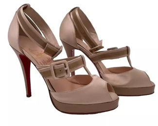 $300 - Christian Louboutin Beige-Gold Satin Leather Peep Toe Pumps Sz 38 LY200-1                                                          Good Condition.  Shows wear on bottom of sole.             