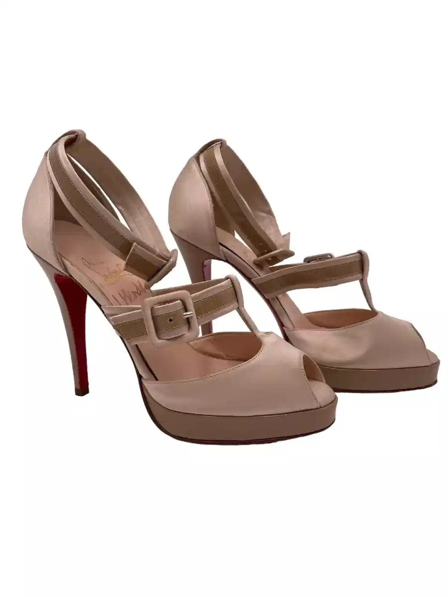 $300 - Christian Louboutin Beige-Gold Satin Leather Peep Toe Pumps Sz 38 LY200-1 Good Condition. Shows wear on bottom of sole.