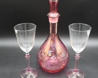 Cranberry Etched Glass Decanter & Wine Glasses