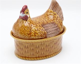 Ceramic Hen in Basket Container
