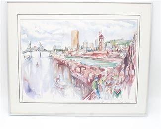 Framed Broadway Bridge Willamette River Watercolor Print
