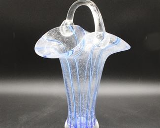 Gorgeous Designs Blue Stripes & Bubbles Glass Basket Vase
