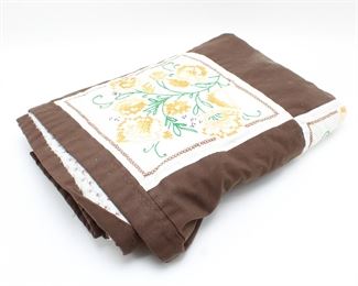 Brown & White Quilt w/Embroidered Orange Flowers