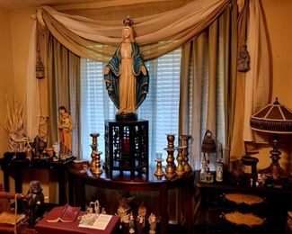 Prayer Room full! Rosaries. Saints. Books. Candlesticks. Bombay Chest. Lamps. Vintage Wall Art. Concrete Statues & much more!