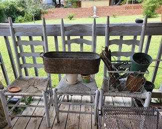 Wooden Ladderback Chairs. Planters. 