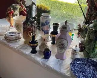 Many fine, porcelain pieces, including blue, and gold Limoges, calico, milk, glass, collectible, vintage, toys, dolls, movie, posters, fine art!
