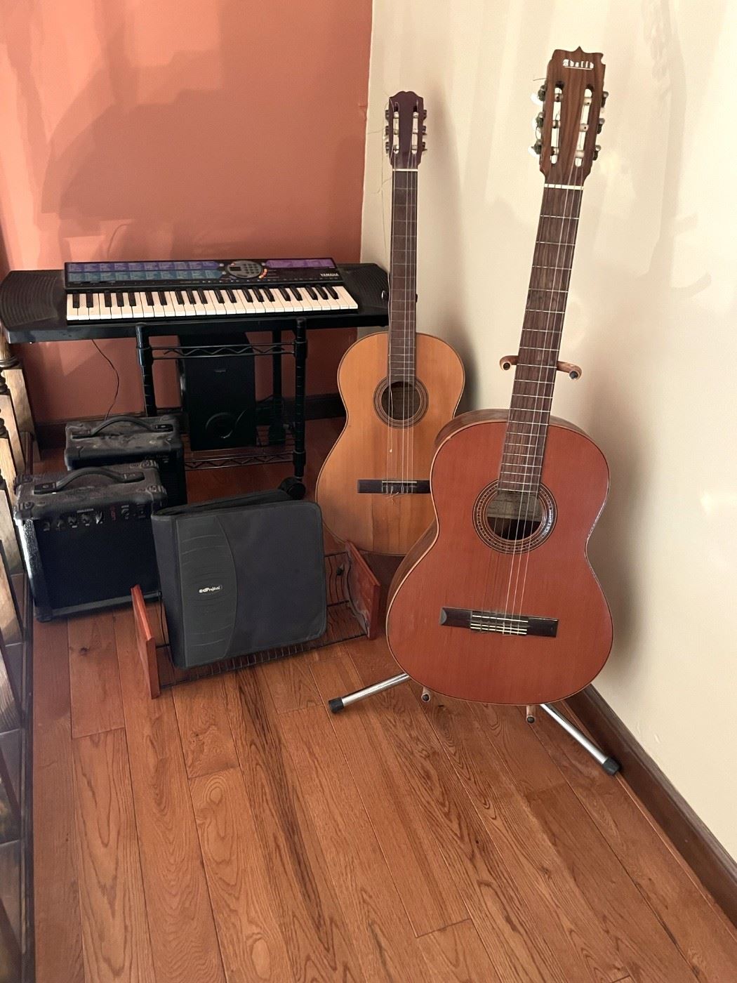 Electric keyboard, amps, classical Spanish guitar, guitar stand
