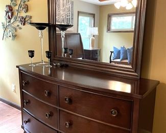 wood dresser and mirror in great condition, wall art, accent pieces and baskets