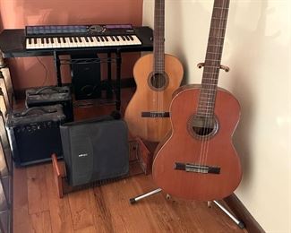 Electric keyboard, amp, guitar stand, classical Spanish guitar