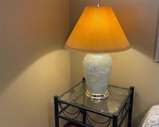 ceramic lamp, glass bedside table