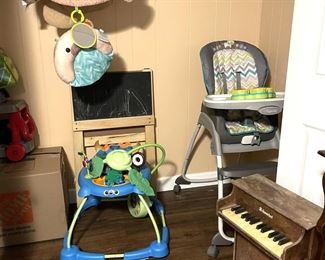 vintage child's piano, vintage toys, high chair, children's bouncer