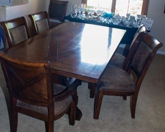 Wooden dining set with plush dining chairs(x6), 2 leaves