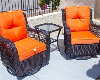 Outdoor swivel chairs, glass top table
