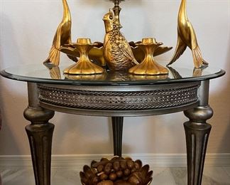 Vintage 60s Mid Century Signed Anthony USA Freeman McFarland, Glass and Iron End Table and Matching Coffee Table, Shell Lamp, MCM Wood Fruit